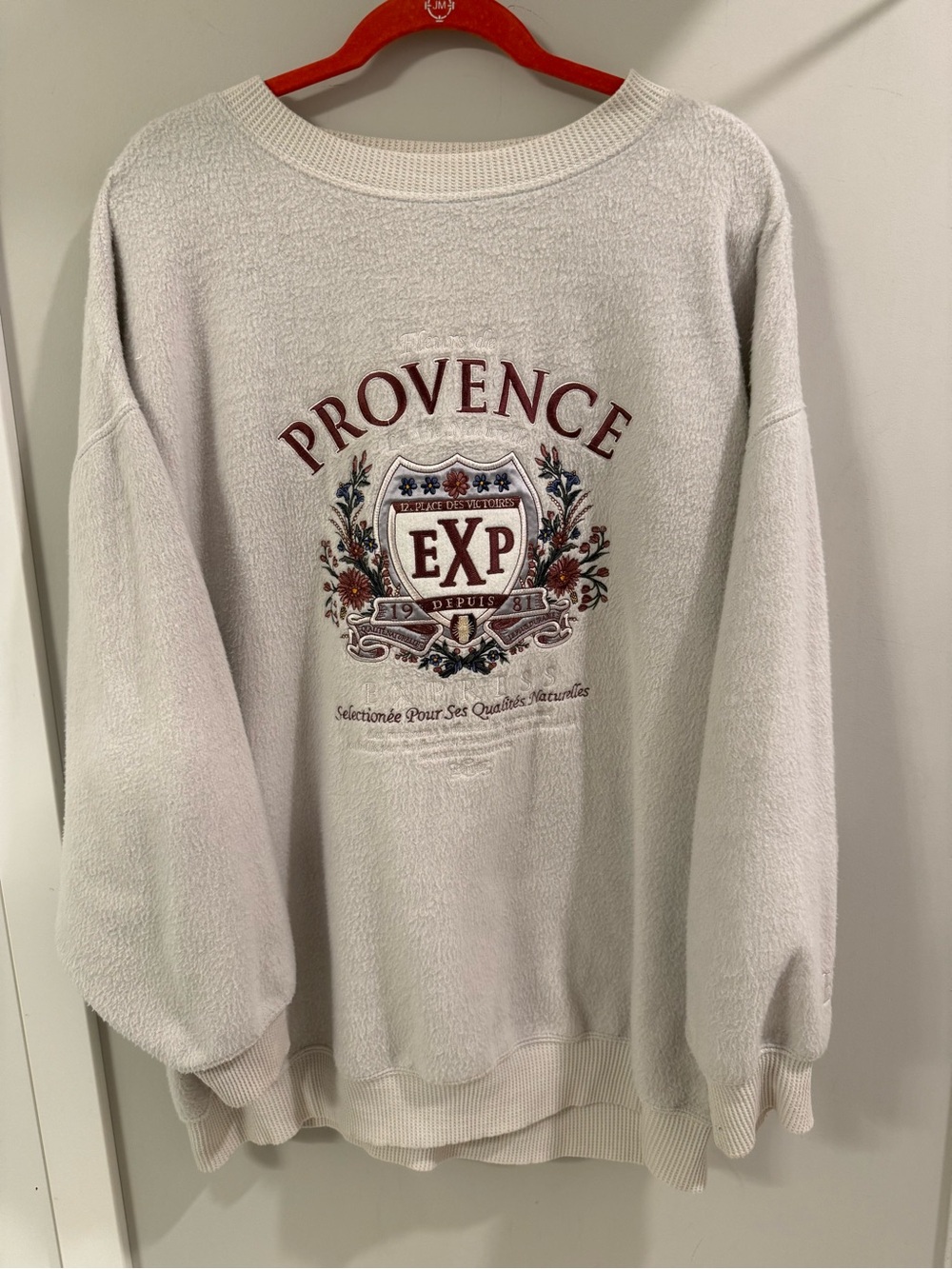 Express Provence Crewneck Sweater - Light Cream with Burgundy Embroidery